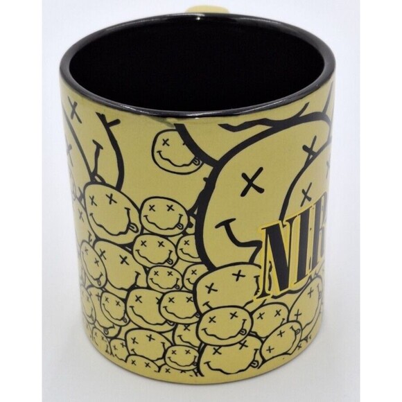 Nirvana Mug Coffee Tea Cup 14 oz Yellow Black Ceramic Smiley Face Collage 2018 - Picture 2 of 6